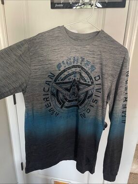 Men’s American Fighter Grey to Blue Ombre Long Sleeve Tee Large NWT